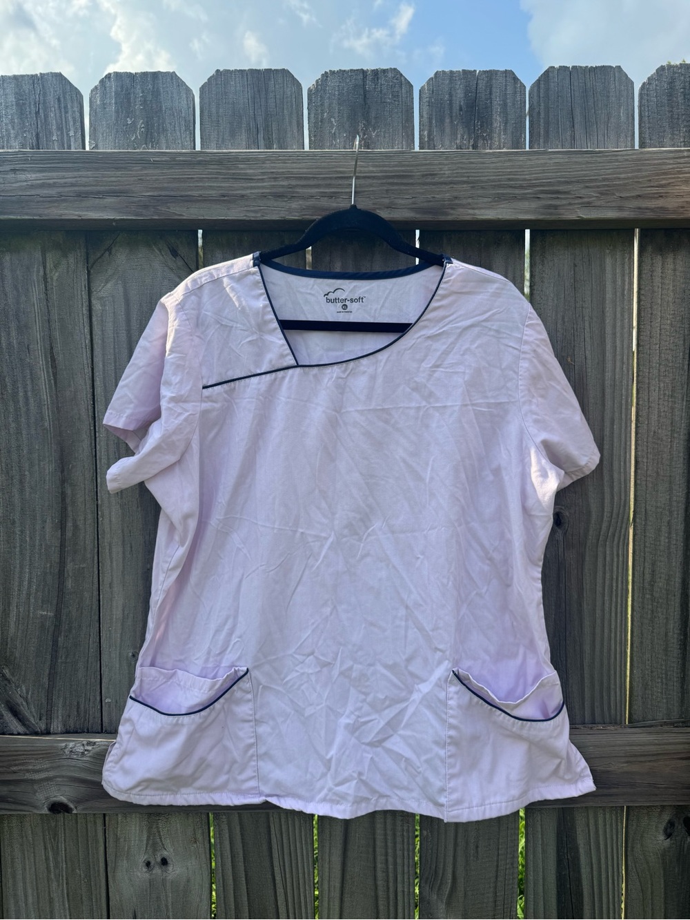 Butter Women's Light Pink Scrub Top with Navy Trim